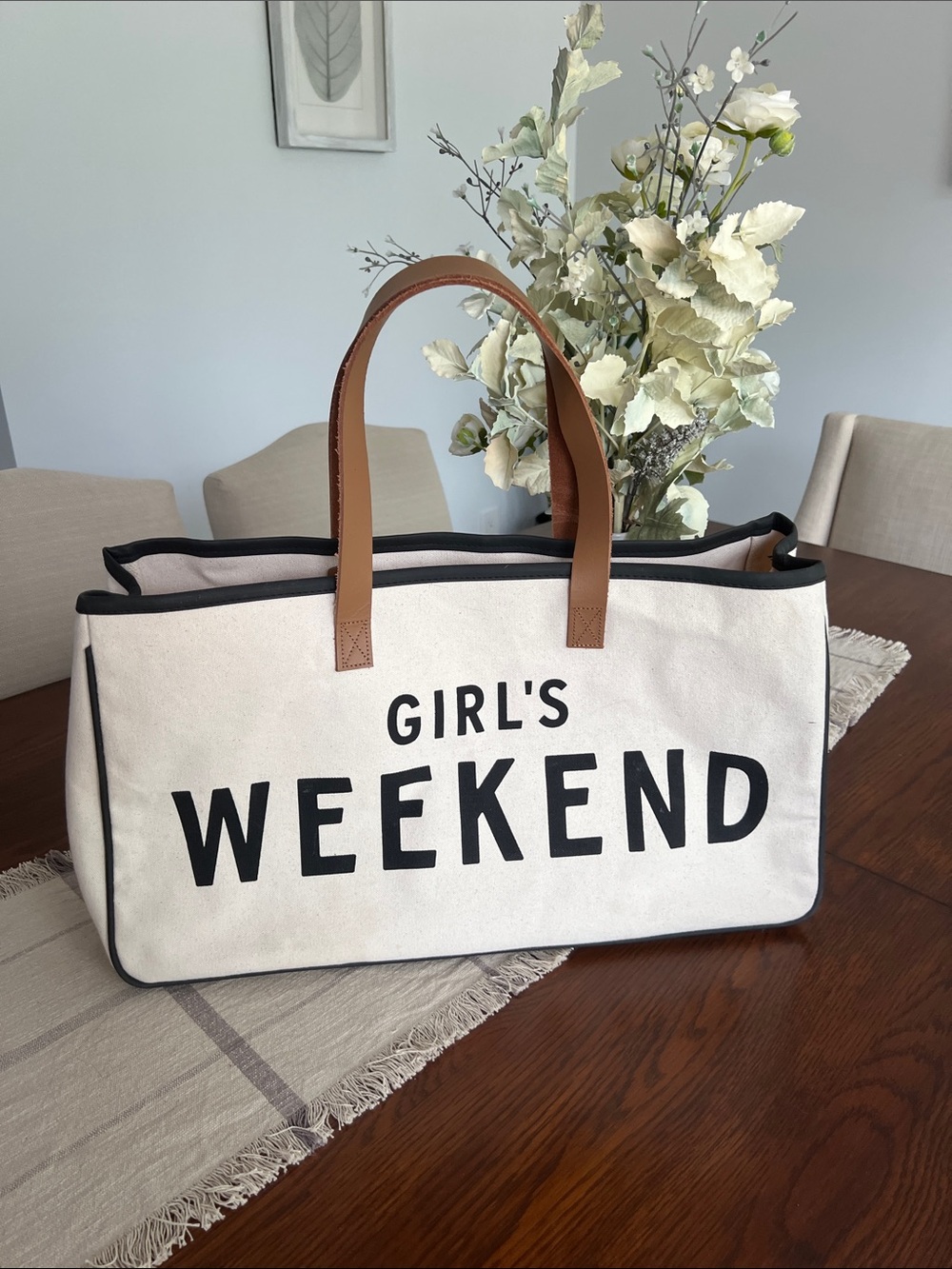Canvas 'Girl's Weekend' Tote Bag with Tan Handles